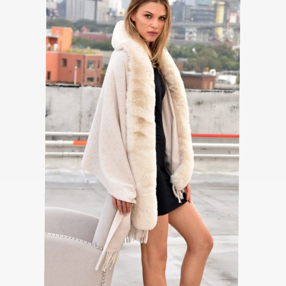 Faux Fur Trim Wrap with Embellishments-Ivory